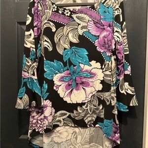 Floral Print Women's Top - Black, Purple, Blue with flared sleeves. Size 18/20